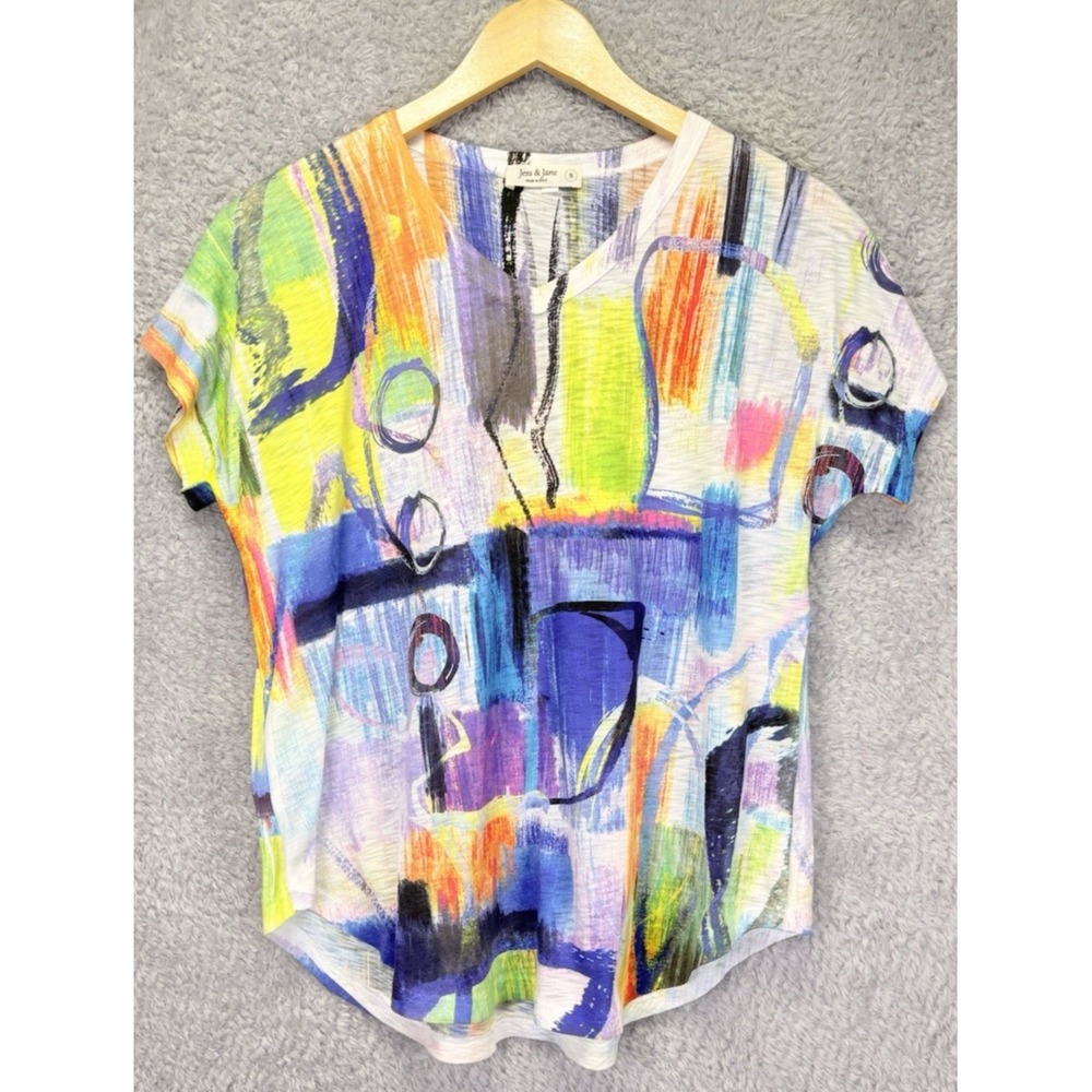 Jess & Jane Womens S Abstract Art to Wear Top Short Sleeve V Neck Colorful Boho - Picture 2 of 9